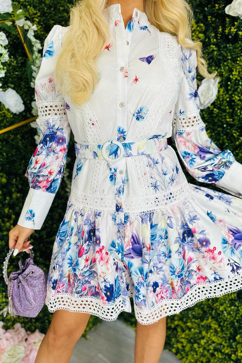 Designer Autumn Hollow Out Lace Patchwork, Mock Neck, Long Sleeve, Belted, Floral Print Office, Party Fab Women Dress